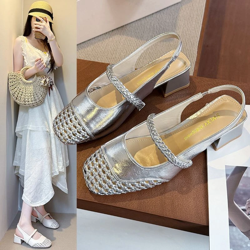 小香风镂空玛丽珍鞋女包头凉鞋2025夏季新款法式方头编织浅口单鞋