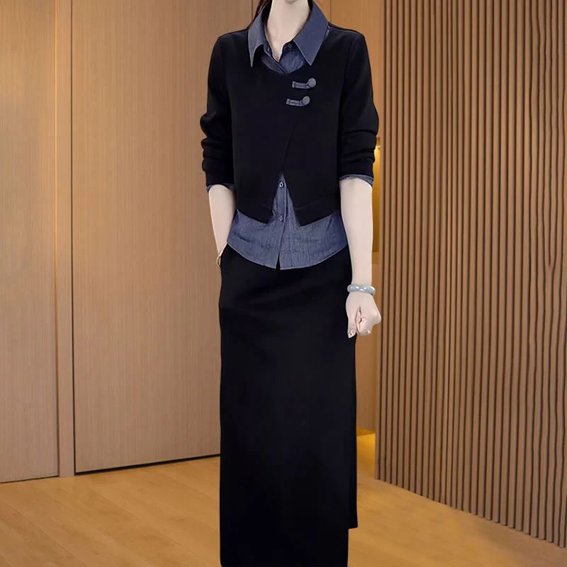 时尚洋气黑色连衣裙女2025年春季新款中年妈妈修身显瘦假两件裙子