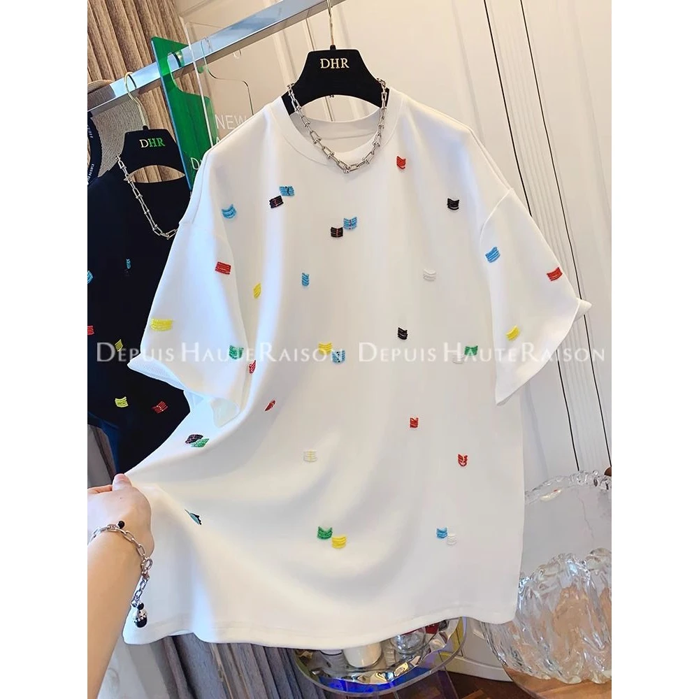 韩版胖妹妹大码300斤宽松短袖新品夏季刺绣小众休闲百搭上衣T恤