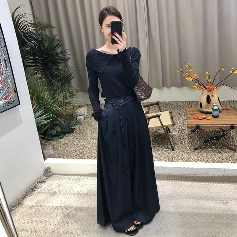 2025春秋新款法式复古气质大翻领针织长袖+休闲阔腿裤两件套