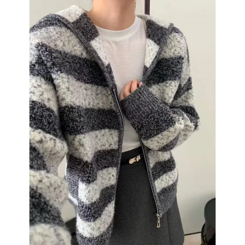 【宽条撞色帽衫】圈圈绒加厚！条纹连帽时尚慵懒拉链针织开衫女毛衣