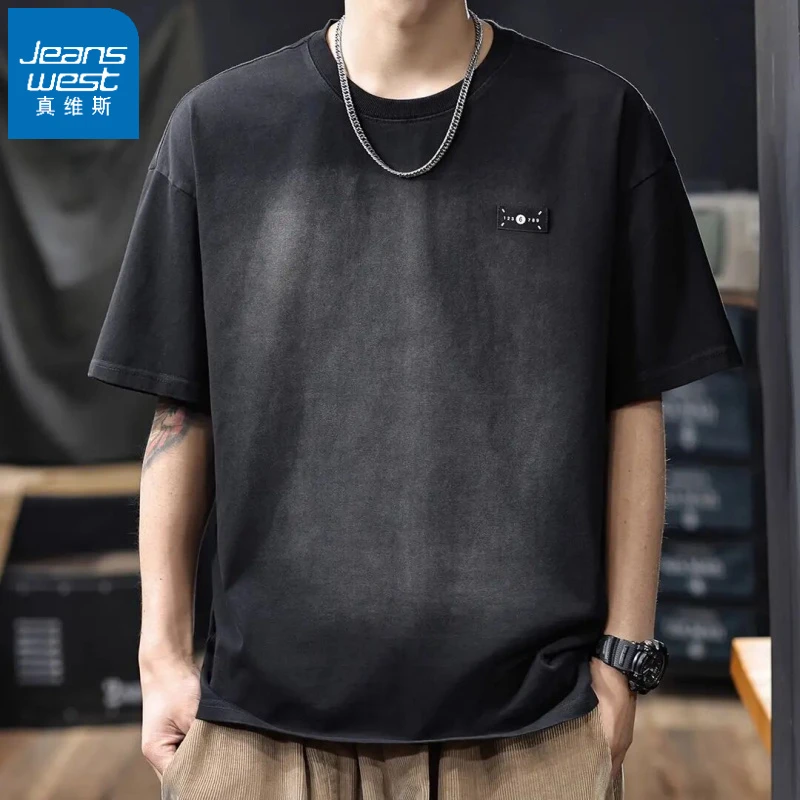真维斯水洗重磅280g纯棉复古短袖T恤男士新款夏季大码半袖t恤上