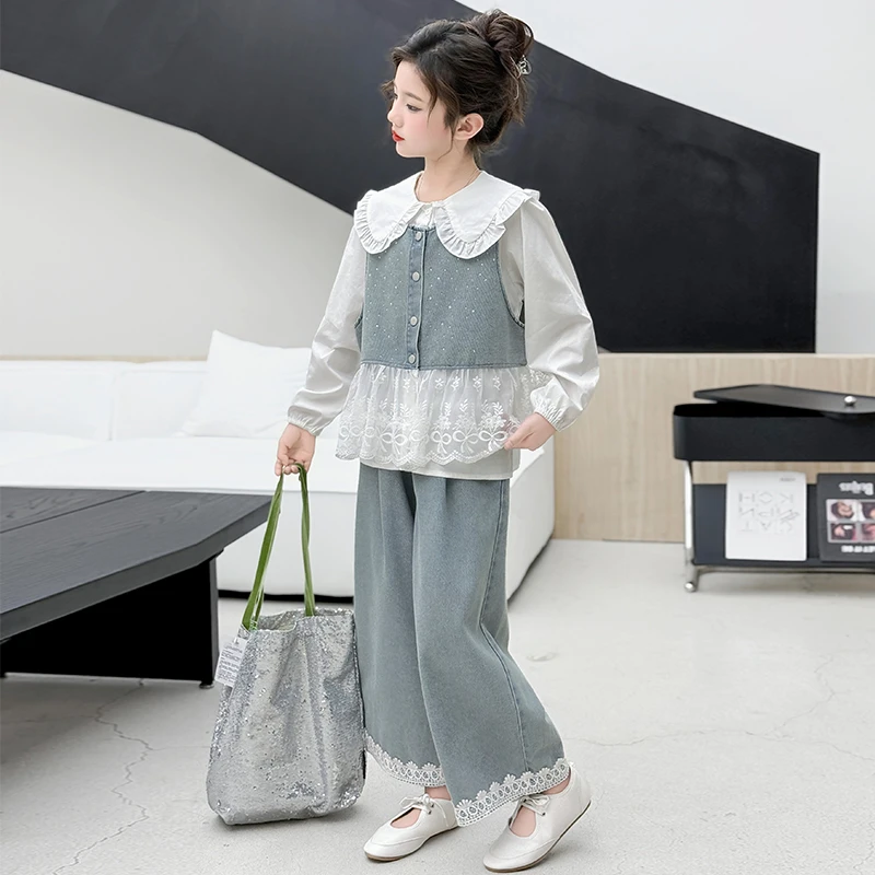 女童春装娃娃领套装2025新款洋气韩版大童时髦牛仔马甲衬衫三件套