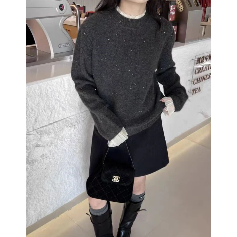 气质亮片加厚蕾丝领口针织衫长袖秋冬毛衣女