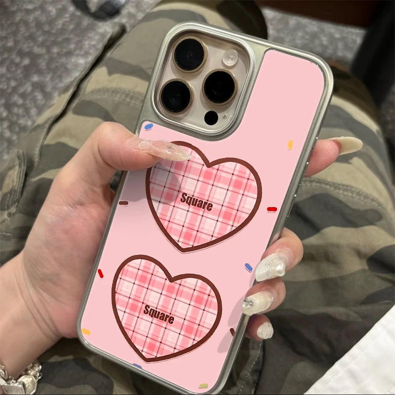 粉底两个格纹爱心适用iPhone苹果16plus手机壳12pro/15pro/16pro