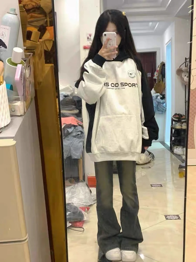 慵懒风拼色插肩连帽卫衣女春季2024新款潮牌宽松外套上衣