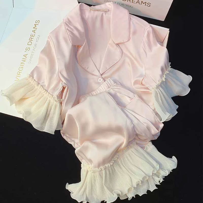 2025新款荷叶边冰丝睡衣女短袖长裤春夏甜美可外穿家居服套装夏季