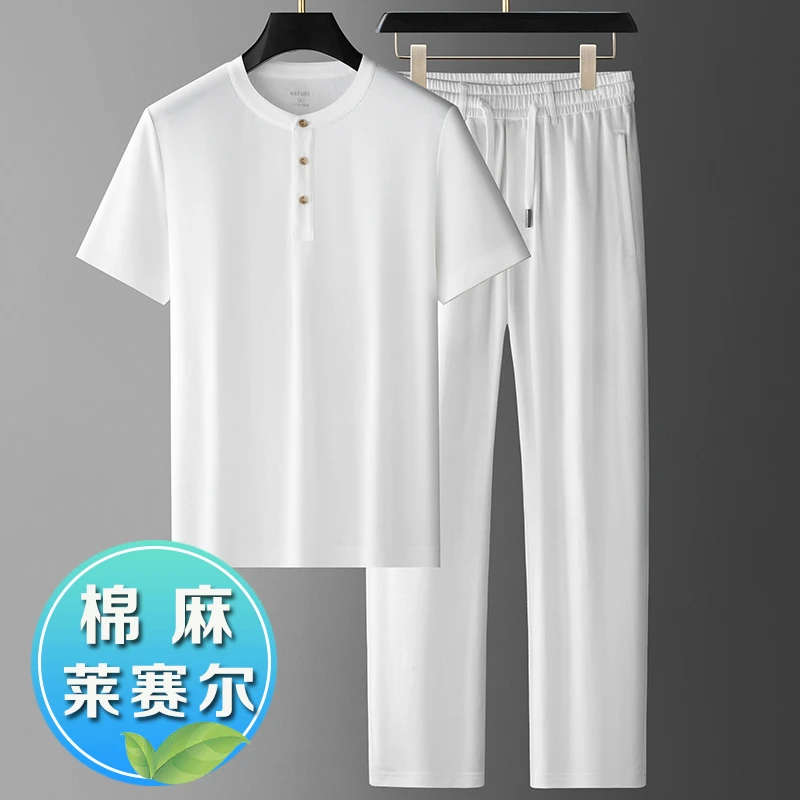 高端天丝棉麻休闲套装男夏季薄款宽松大码短袖中年爸爸运动两件套