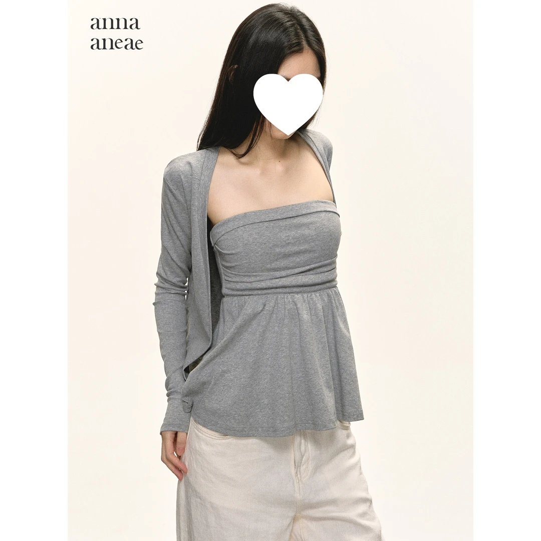 anna aneae早秋针织套装女灰色通勤穿搭抹胸背心外搭开衫两件套潮