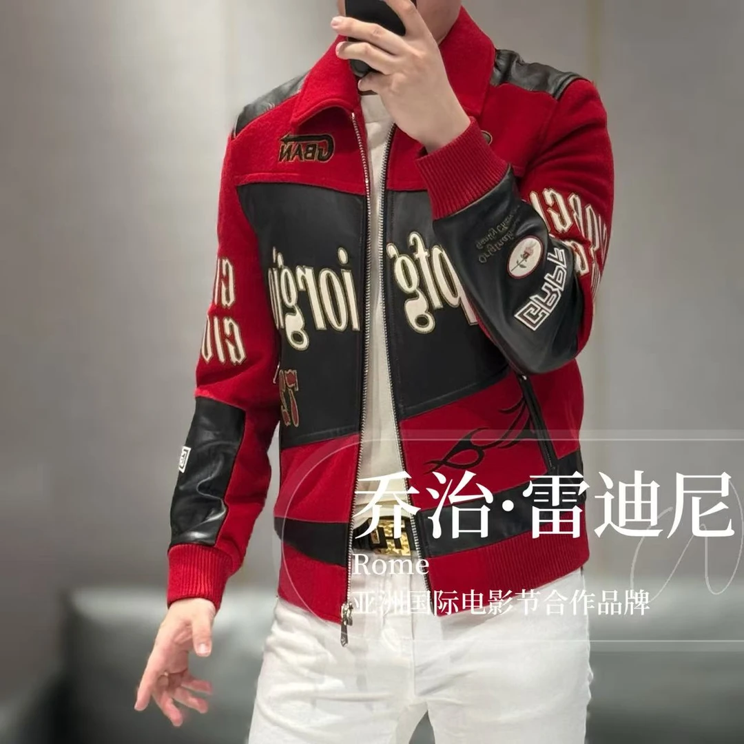 【乔治·雷迪尼】羊毛真皮拼接刺绣字母元素重工夹克7088