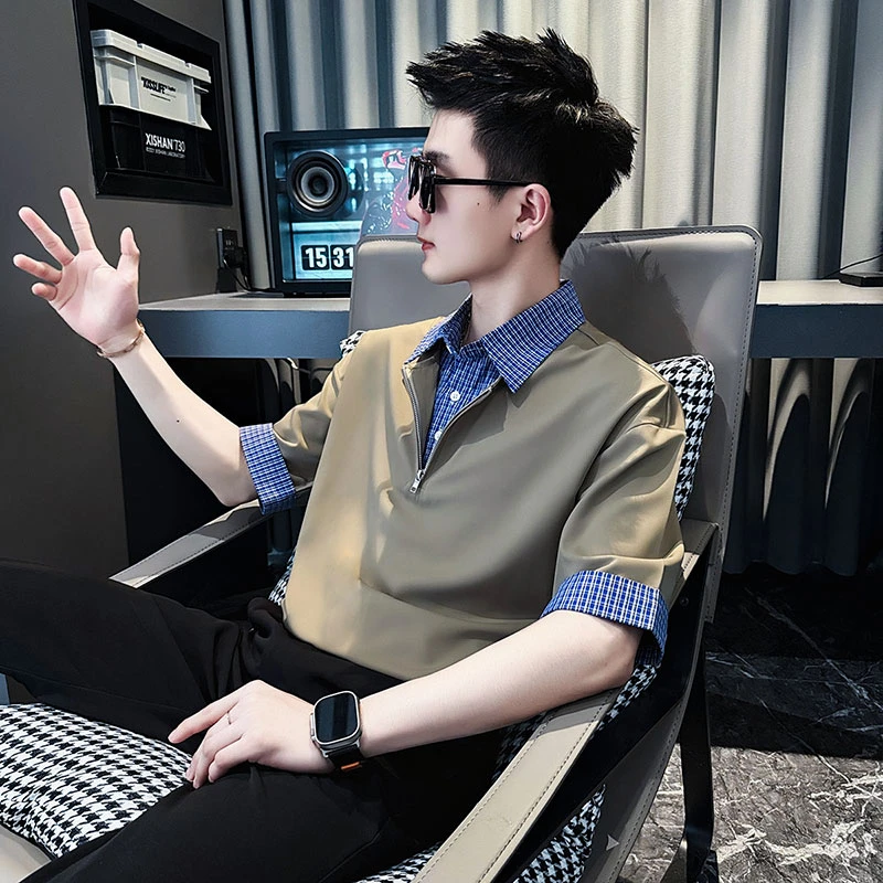 假两件格子拼接衬衫男士短袖夏季薄款男生上衣痞帅高级感休闲衬衣