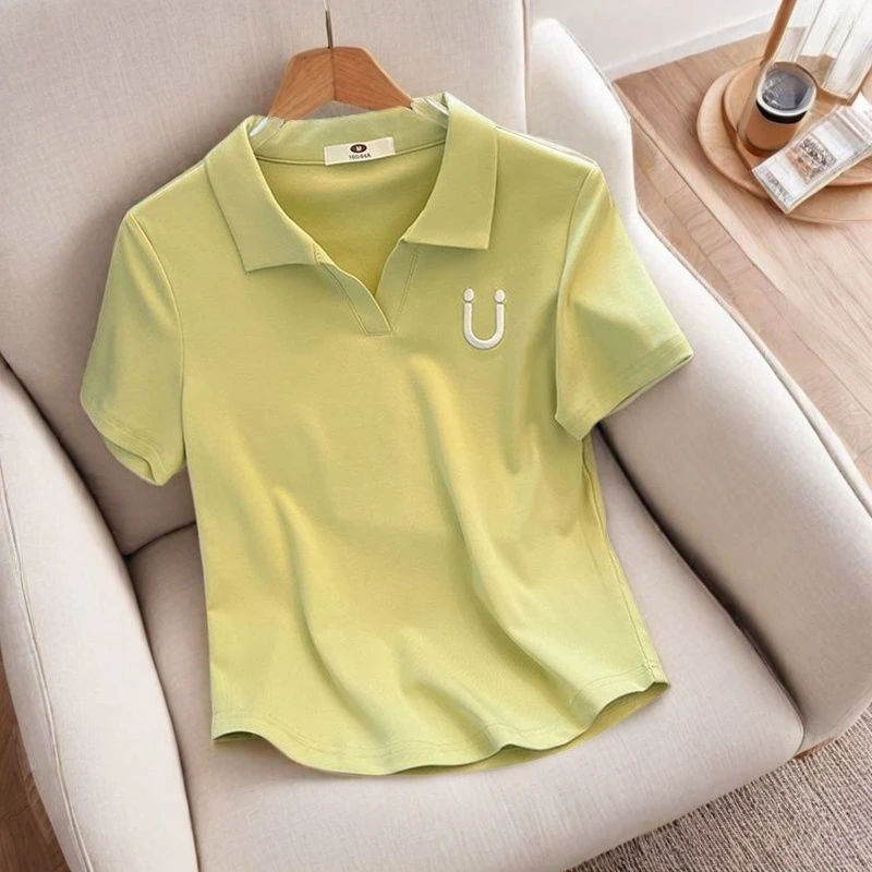 大码200斤韩系正肩笑脸刺绣V领Polo衫设计百搭显瘦短袖t恤女上衣