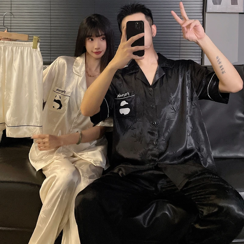 熊猫情侣冰丝睡衣女春秋季短袖长裤大码三件套男士家居服夏天套装