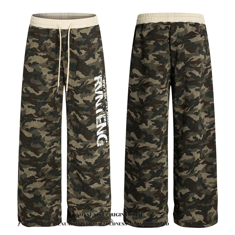 NONSEXIST 原创国潮美式复古街头字母印花迷彩休闲裤宽松直筒长裤