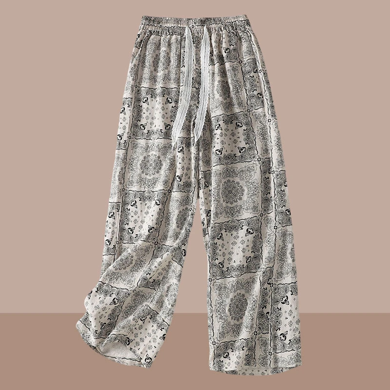 2025年夏季时尚新款文艺范亚麻休闲裤松紧腰印花显瘦时尚直筒裤女