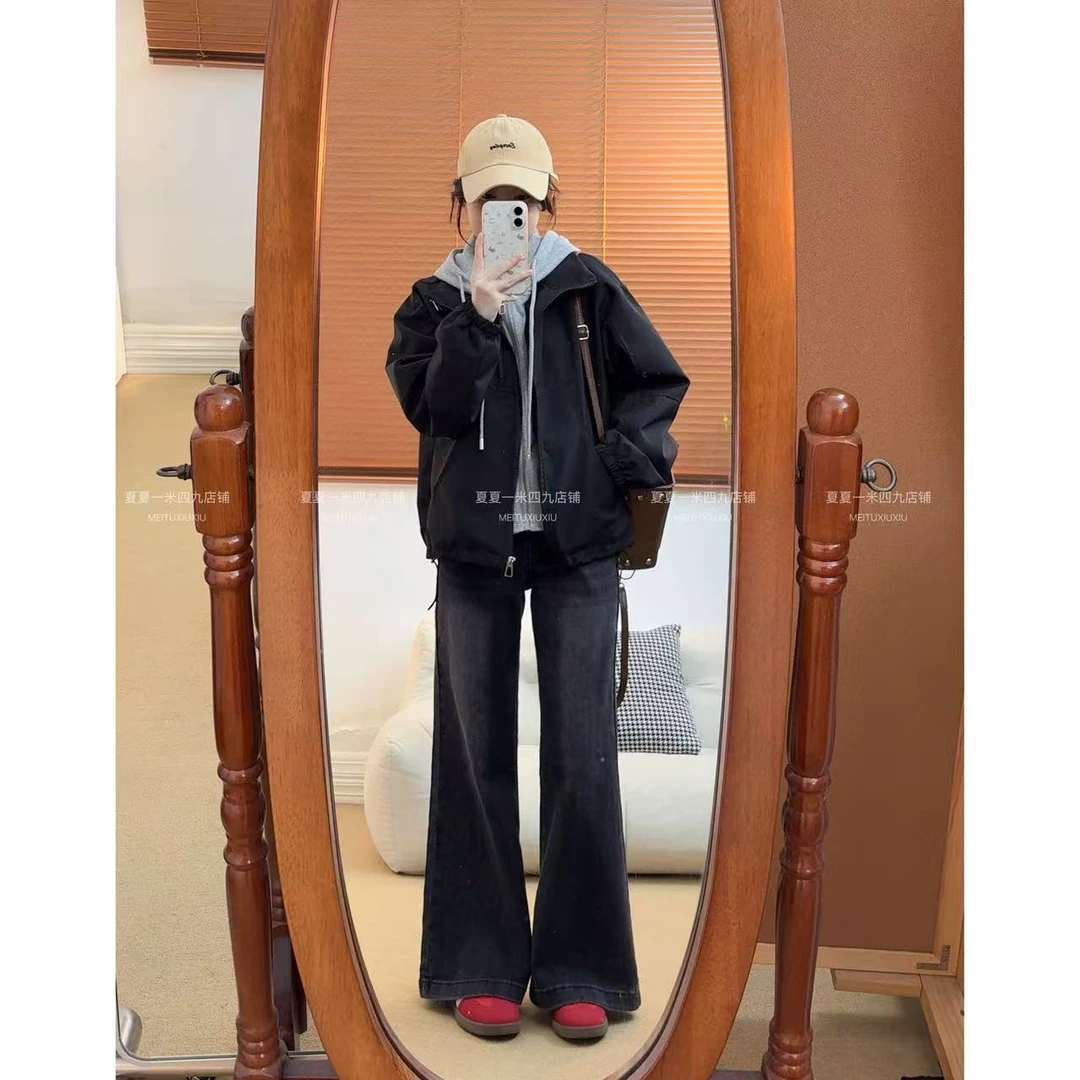 假两件拼接拉链连帽外套女2025秋季新款长袖夹克上衣66