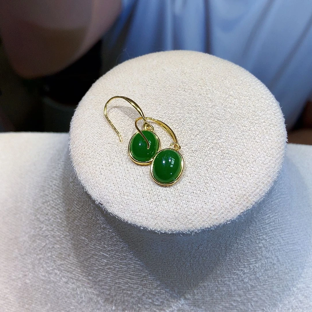 和田玉（碧玉）银S925镀金镶嵌耳饰