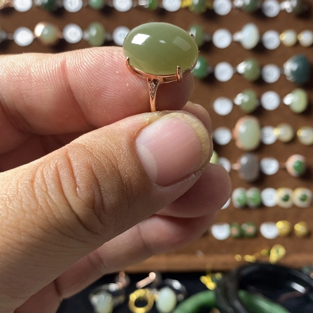和田玉（青玉）戒指银S925镀金镶嵌