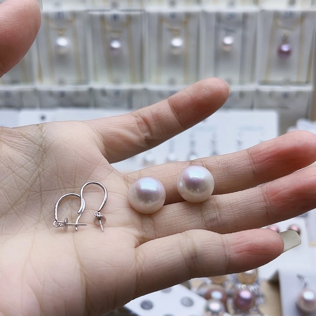 草***芬淡水珍珠耳饰银S925镶嵌12有纹理