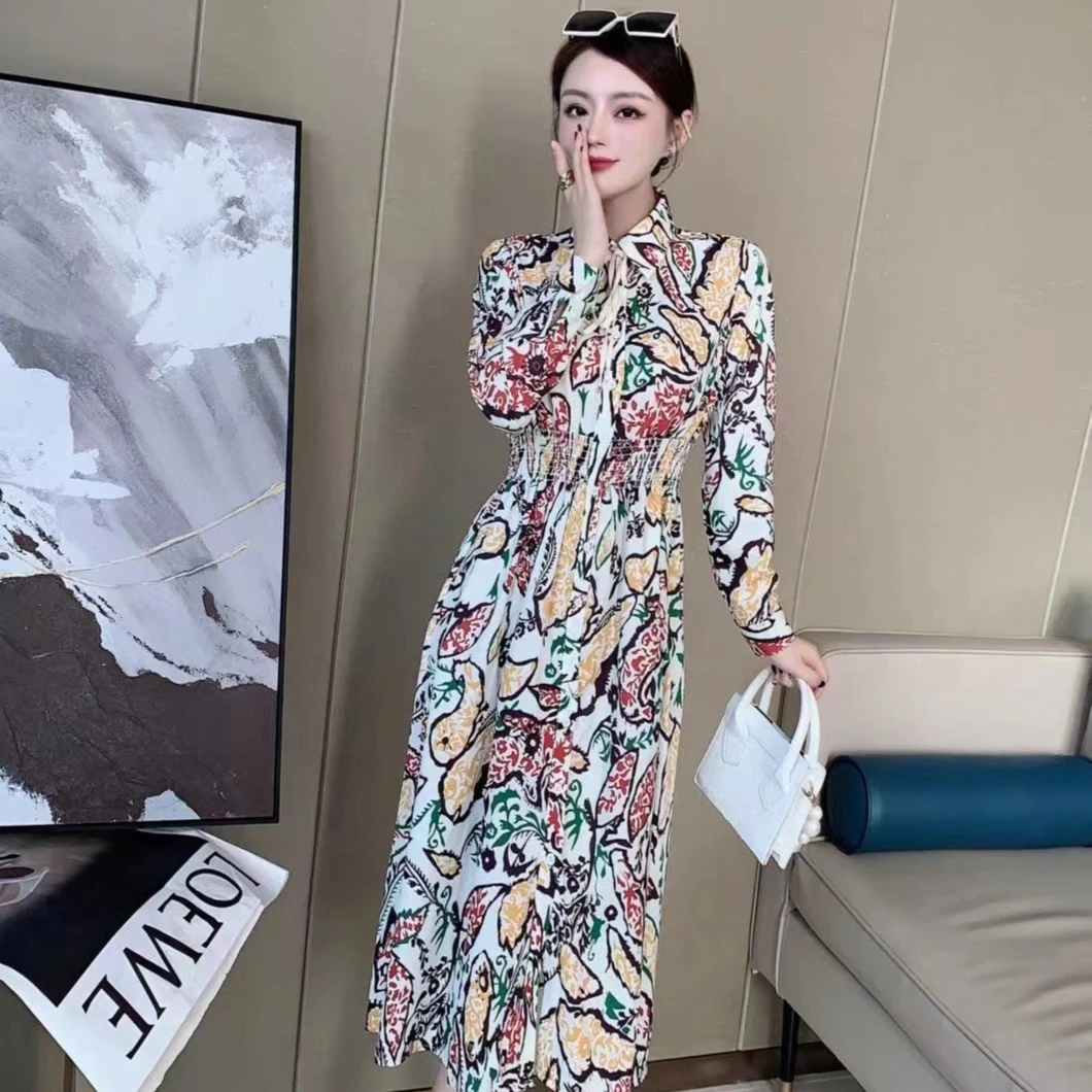 【晨浠定制】新款时尚气质茶歇裙设计感翻领印花连衣裙1647