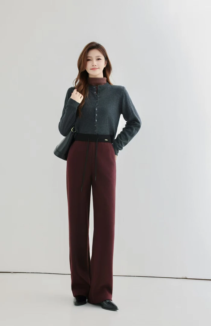 高腰松紧腰头拼色毛呢直筒裤968