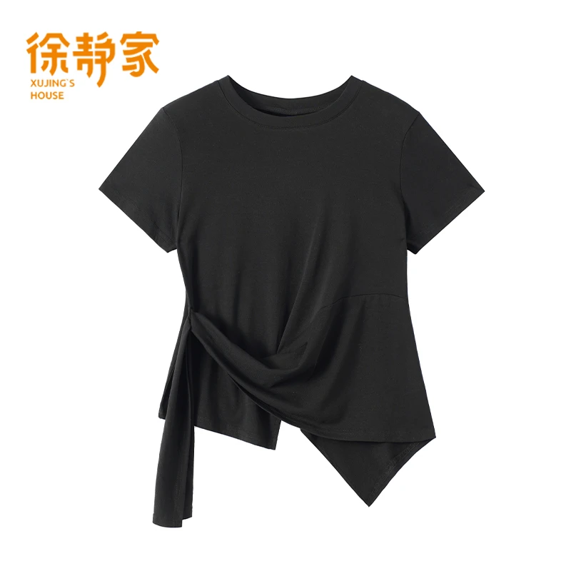 韩系不规则绑带收腰圆领短袖T恤女夏季新款显瘦百搭上衣5790003