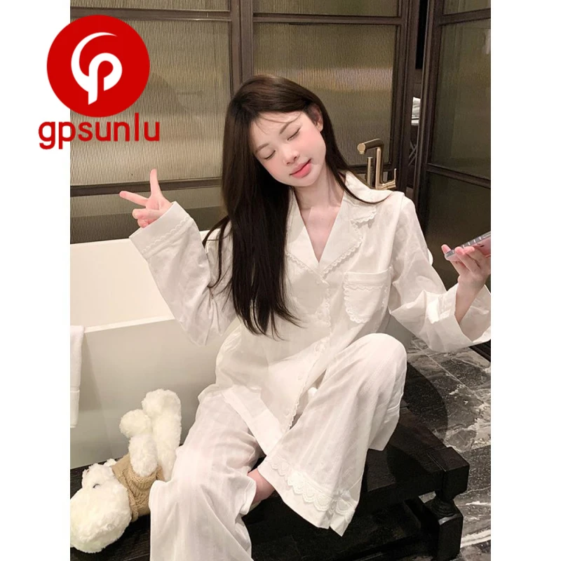 gpsunlu云朵棉蕾丝绣花睡衣女款春秋新款长袖休闲高端家居服套装