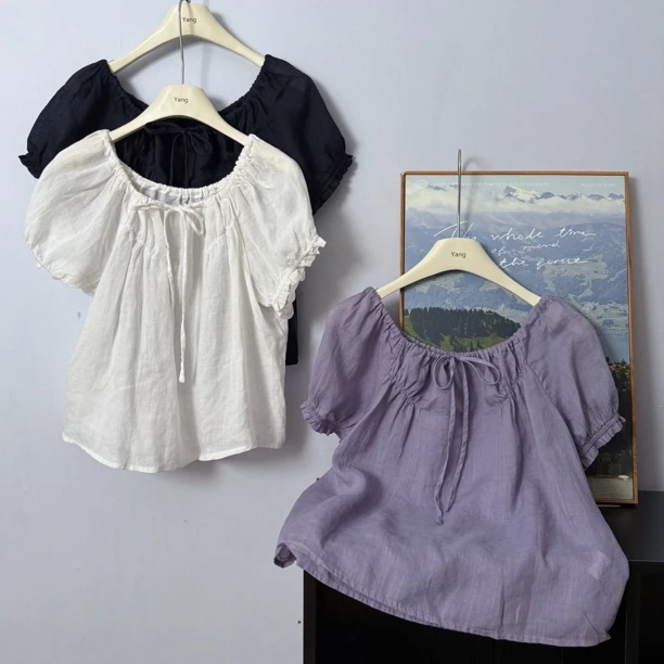 【减龄公式】苎麻简约短袖衬衫女显瘦遮肉抽绳系带设计感小个子小衫