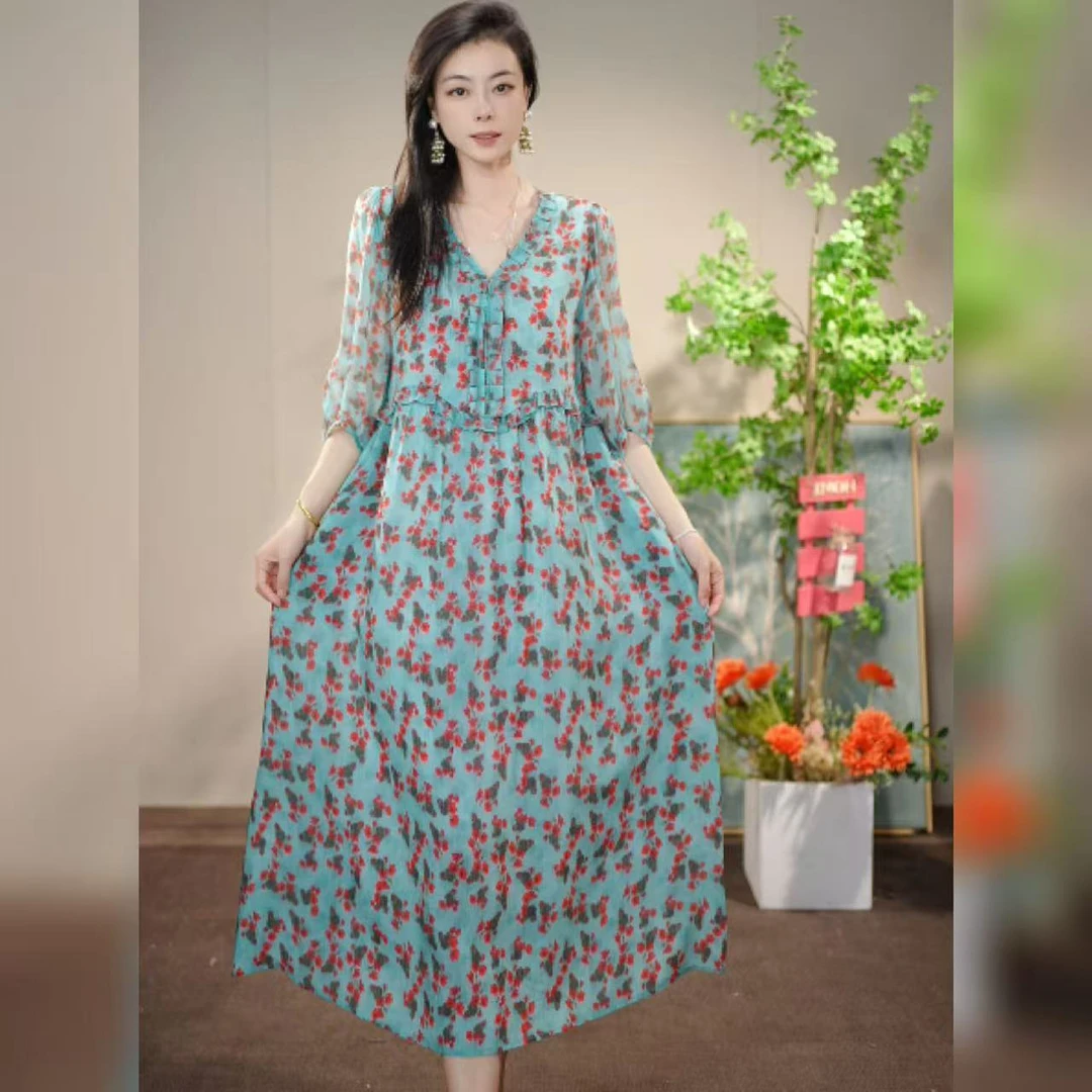 【多米拉】06325-5青蔓夏季V领春夏短袖连衣裙印花时尚女士