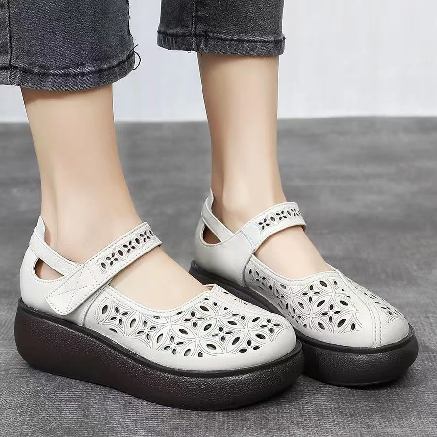 新款真皮镂空女鞋厚底洞洞夏季透气包头凉鞋松糕鞋皮鞋妈妈单鞋