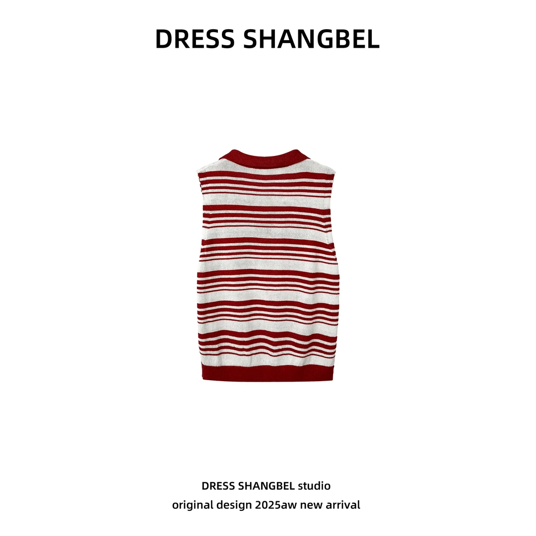 DRESS-夏新款C69时尚撞色条纹POLO领宽松减龄百搭针织衫5193H