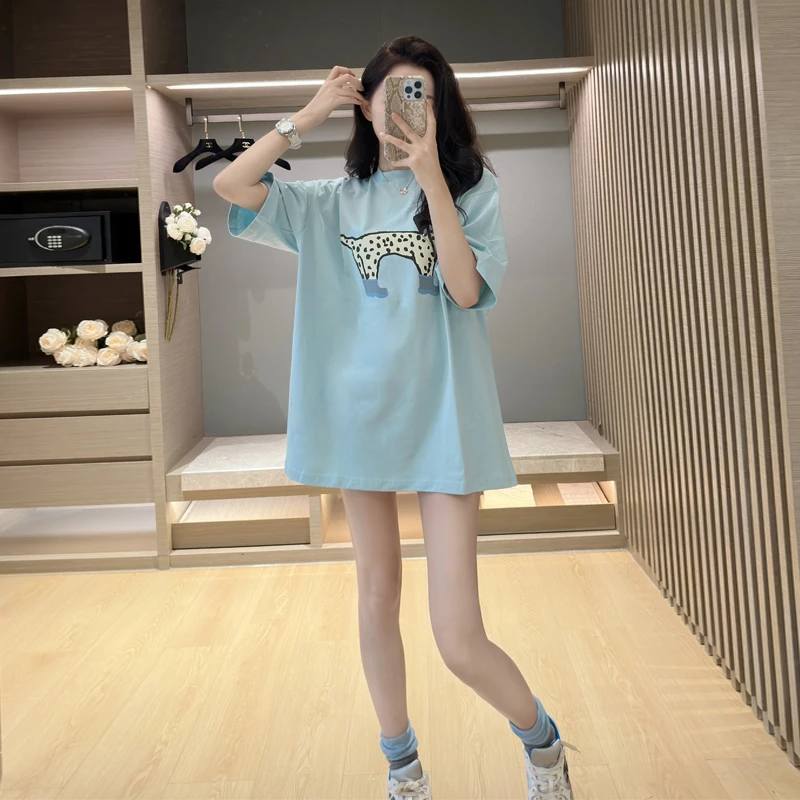 夏季甜美可爱风格衣服洋气龙大小狗图案蓝色短袖女t恤ins欧美上衣