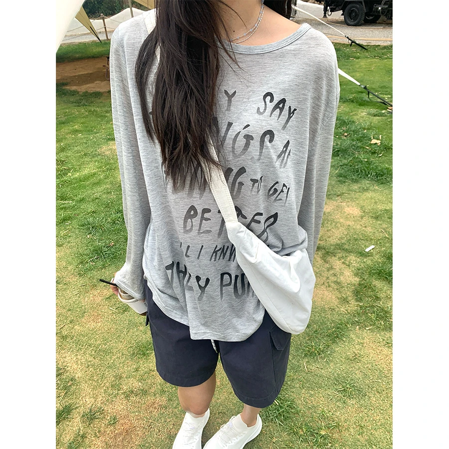 ins白色防晒设计感圆领美式印花长款慵懒T恤夏季印花春秋薄款长袖