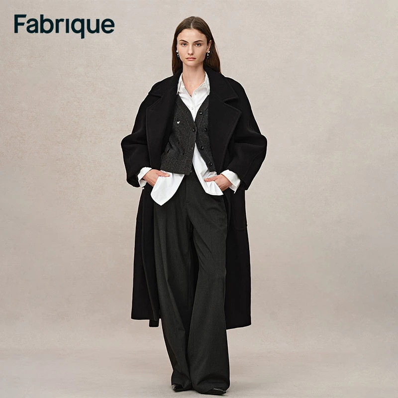 Fabrique连衣裙白色同款保暖黑色羊毛大衣毛呢外套