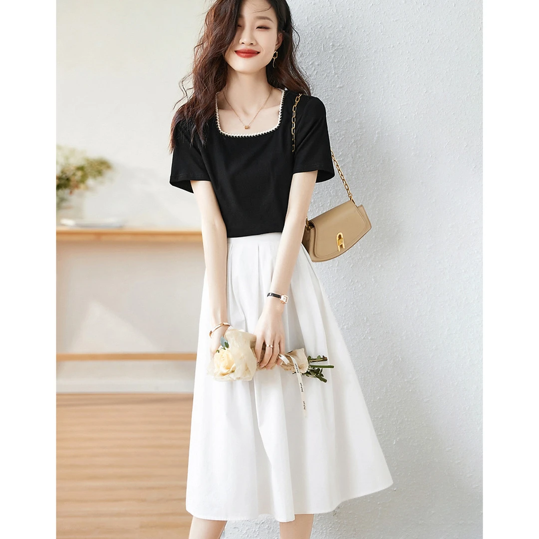 沫晗依美【小香风方领T恤A字半裙套装】夏季款时尚气质显瘦女式套装
