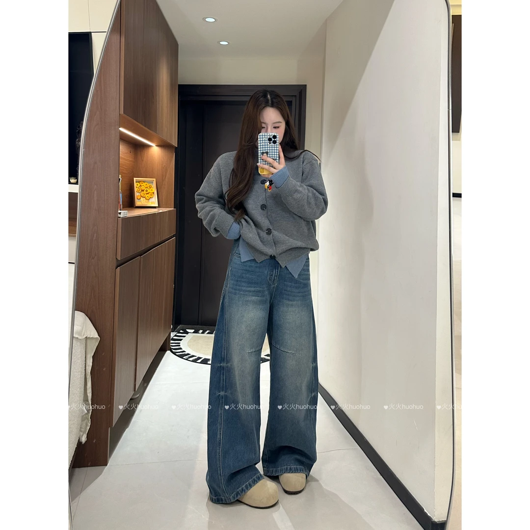 【火火】美式复古牛仔裤女2025新款宽松大码设计感显瘦直筒镰刀裤