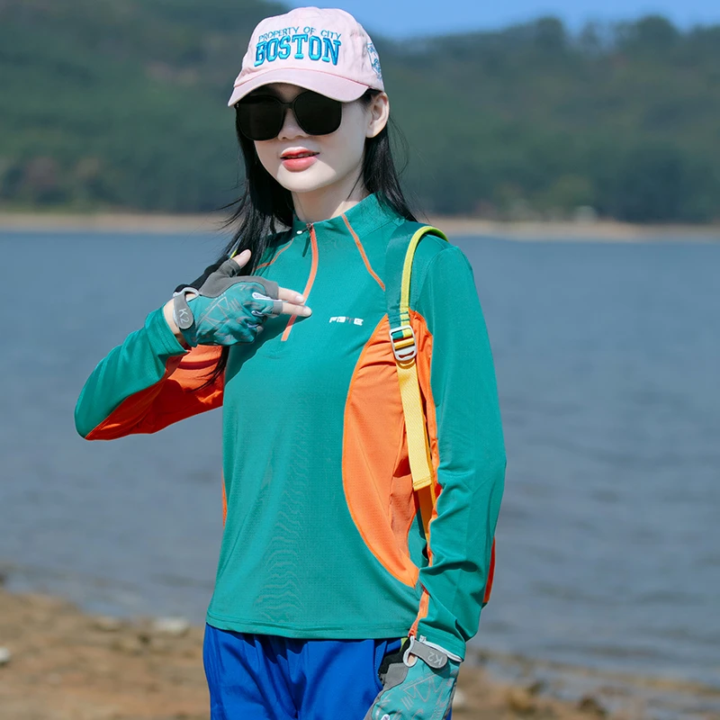 速干长袖女春秋季弹力透气快干衣运动跑步登山服时尚拼色立领T恤