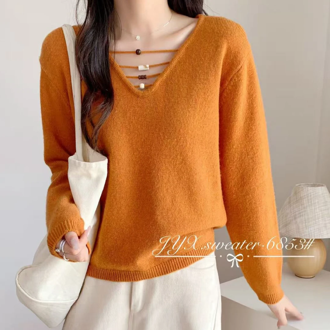 （NO退）领口珠子小V领套头毛衫