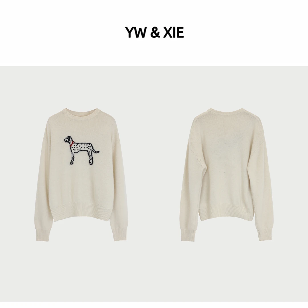 YW&XIE<820536>浣熊绒斑点狗卡通羊毛衫圆领休闲毛衣