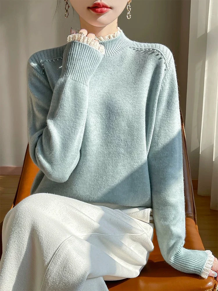 〔怡怡家〕法式钉珠蕾丝花边半高领毛衣025