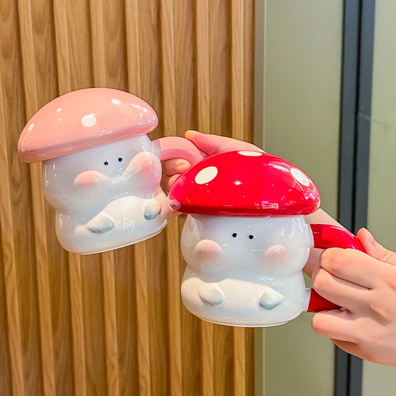 可爱蘑菇陶瓷杯咖啡杯子情侣生日礼物少女心马克杯带盖家用喝水杯