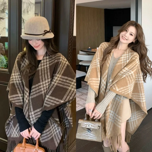 韩系格子大披肩女复古流苏斗篷保暖格纹围巾