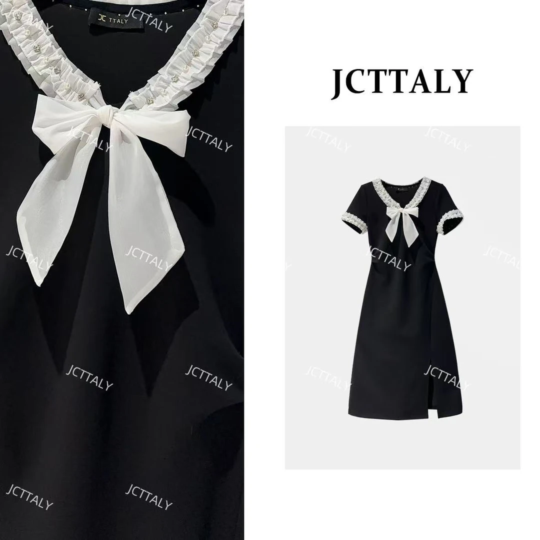 【宠粉价】复古少女感花边V领蝴蝶结开叉显瘦夏季连衣裙女 JC-A4332