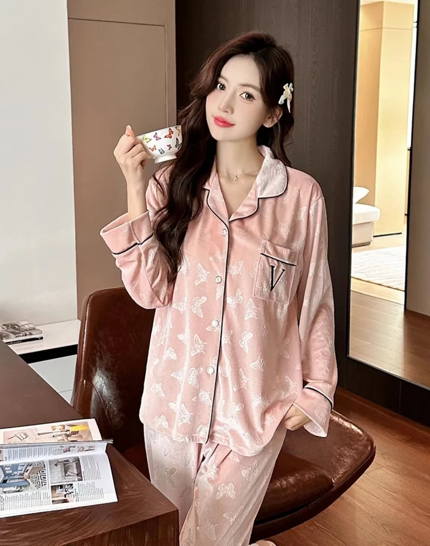 201-258春秋金钻绒可选带胸垫加绒睡衣女套装可外穿女士家居服