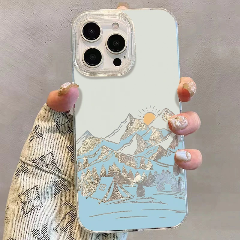 苹果15promax适用iPhone14高级感16手机壳13硬12日出雪山创意羽纱