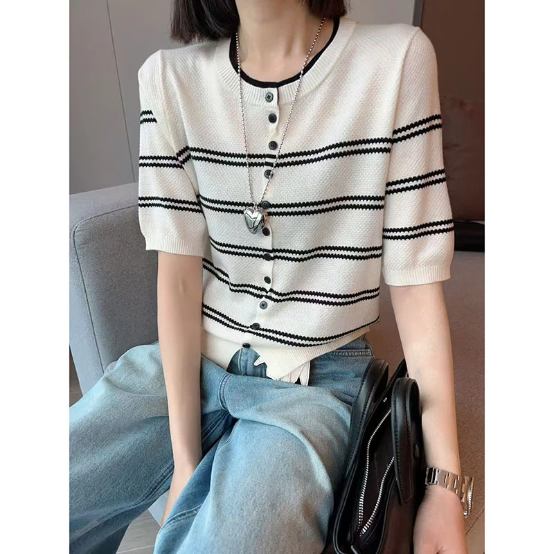 常规款圆领毛针织衫复古撞色短袖气质镂空薄款条纹短款夏季小香风