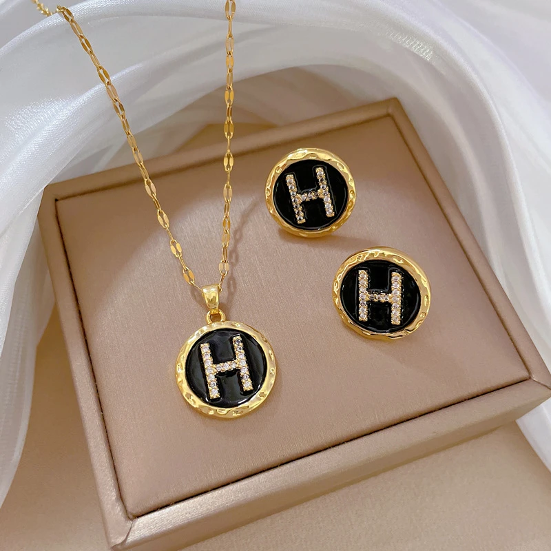 钛钢项链 2025微镶滴油字母项链耳环女 轻奢气质宴会耳饰项饰百搭