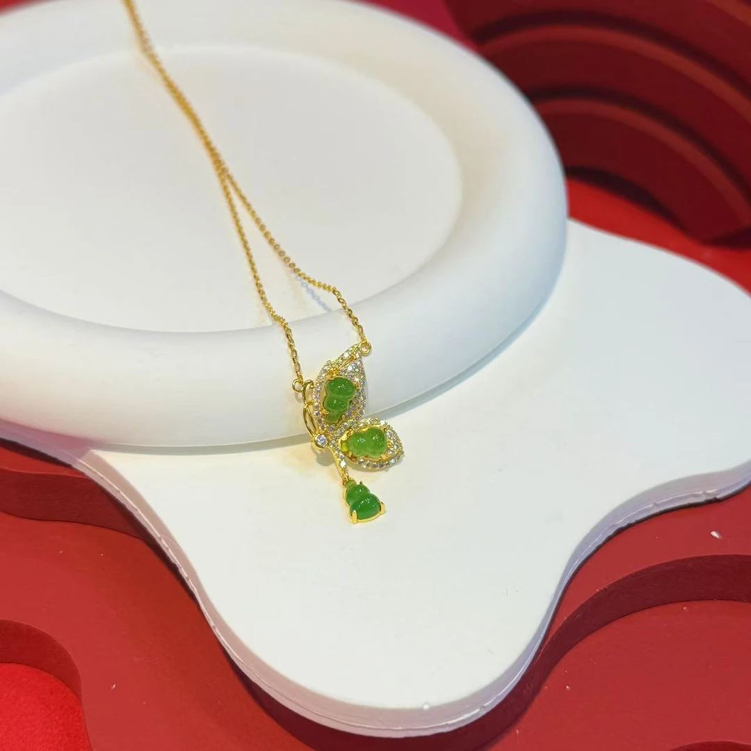 S925银镶嵌5*7mm碧玉葫芦蝴蝶套链HNZ12055