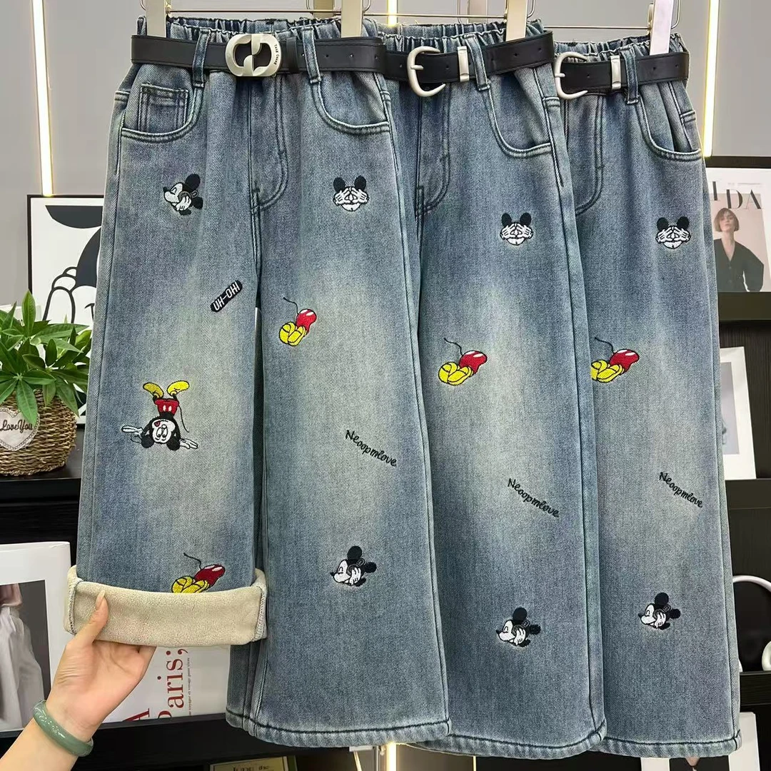 【加绒】女童刺绣米奇牛仔加绒阔腿裤中大童休闲裤11509