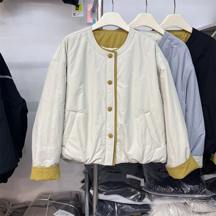 韩系设计感撞色包边圆领棉服外套女2025冬季新款小个子轻薄上衣